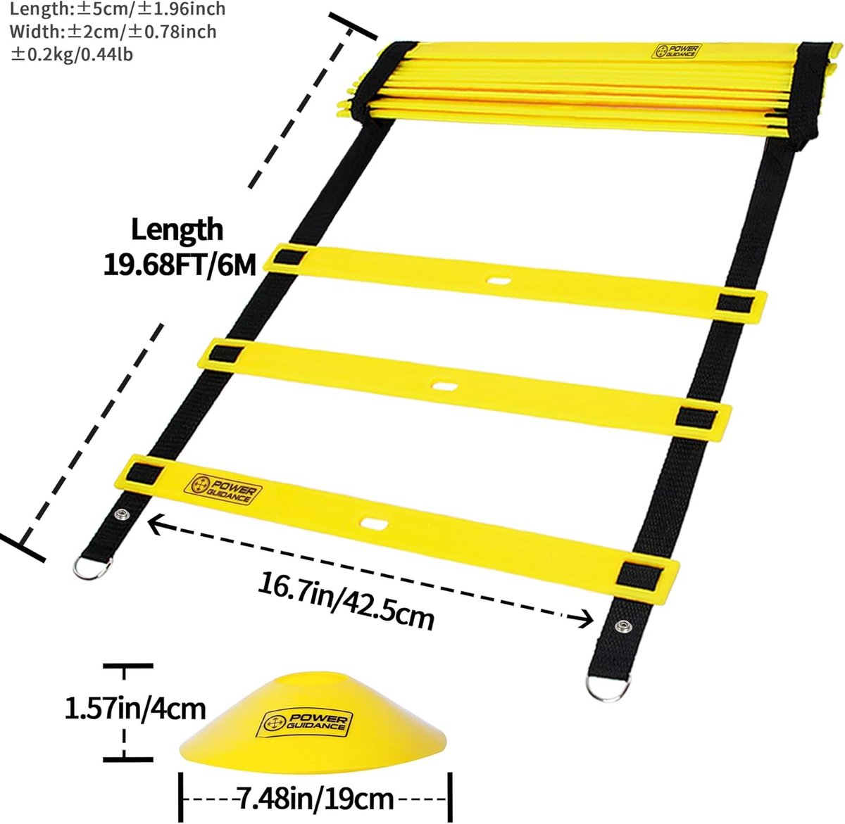Trainingsladder - Snelheidladder Voetladder - Agility Training Voetenwerk - Met 12 Sporten Kegels - 6 Meter Lang - Geel