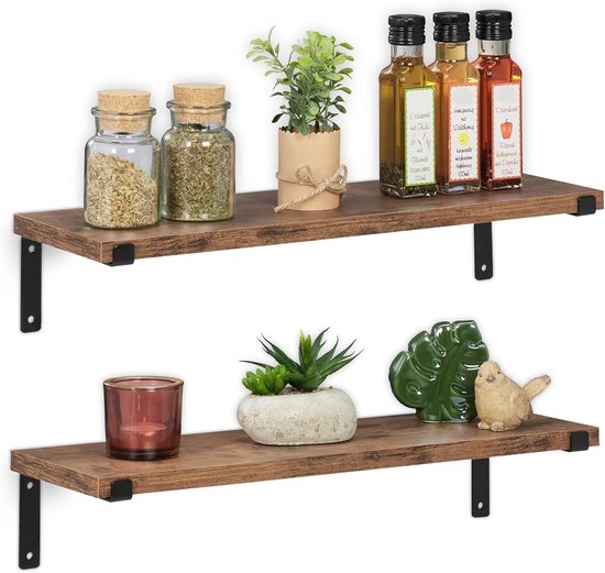 Wandplank Industrieel - Zwevende Plank - Keuken Woonkamer - Metalen Houtlook - 48x15.5 cm - Bruin Zwart