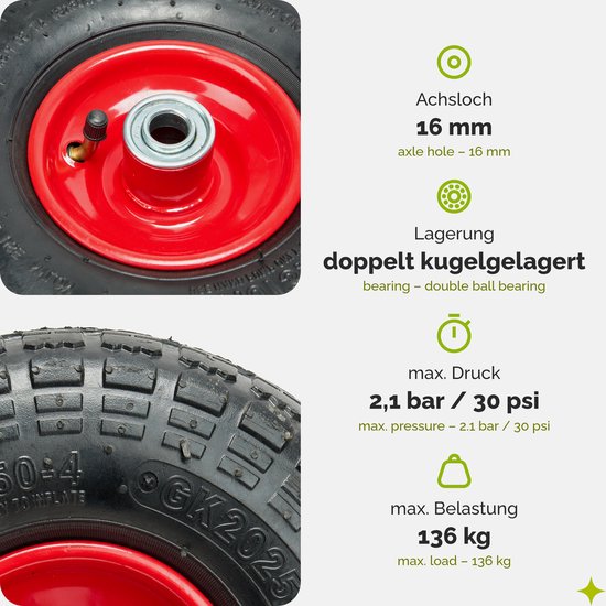 GARRONDA - Vervangwiel Kruiwagen 4.10 / 3.50 - 4 Kruiwagenwiel Ø 260 mm Luchtband 2PR Band tot 80 kg zonder As Stalen Velg Kogellager voor Tuinwagen Erf Bouwplaats GD-0163, Zwart-Rood van Garronda — afbeelding 2