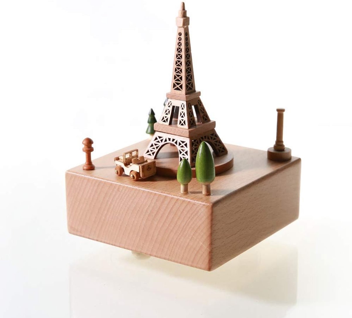 Houten Muziekdoos - Decoratief Ambacht - Muziek Luisteren - Handslinger Bediening - 11x11x16 cm - Houtkleur