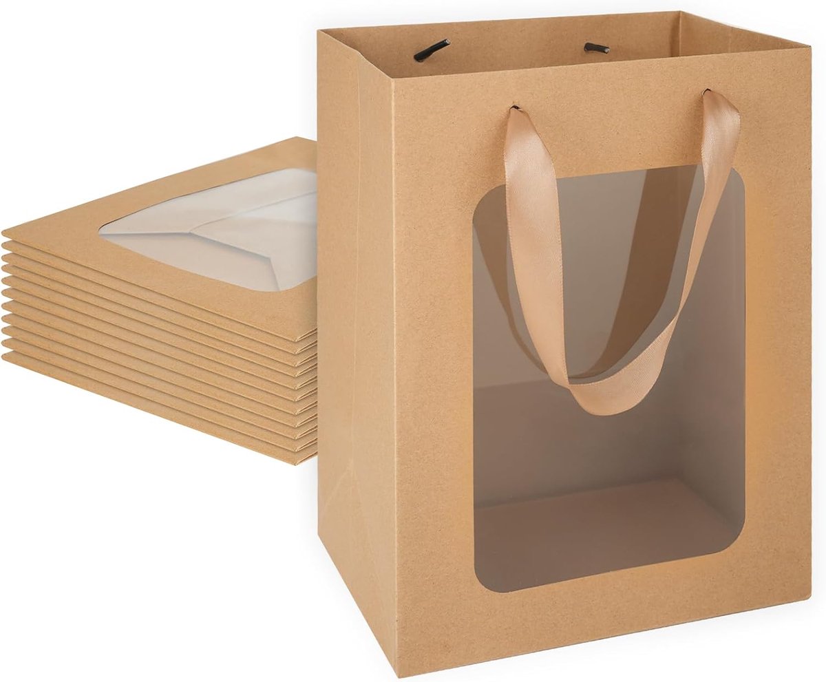 Bruine Geschenktassen - Kraft Papieren Zakken - Feestelijke Verpakking - Met Doorzichtig Venster - Middelgroot Formaat - Bruin