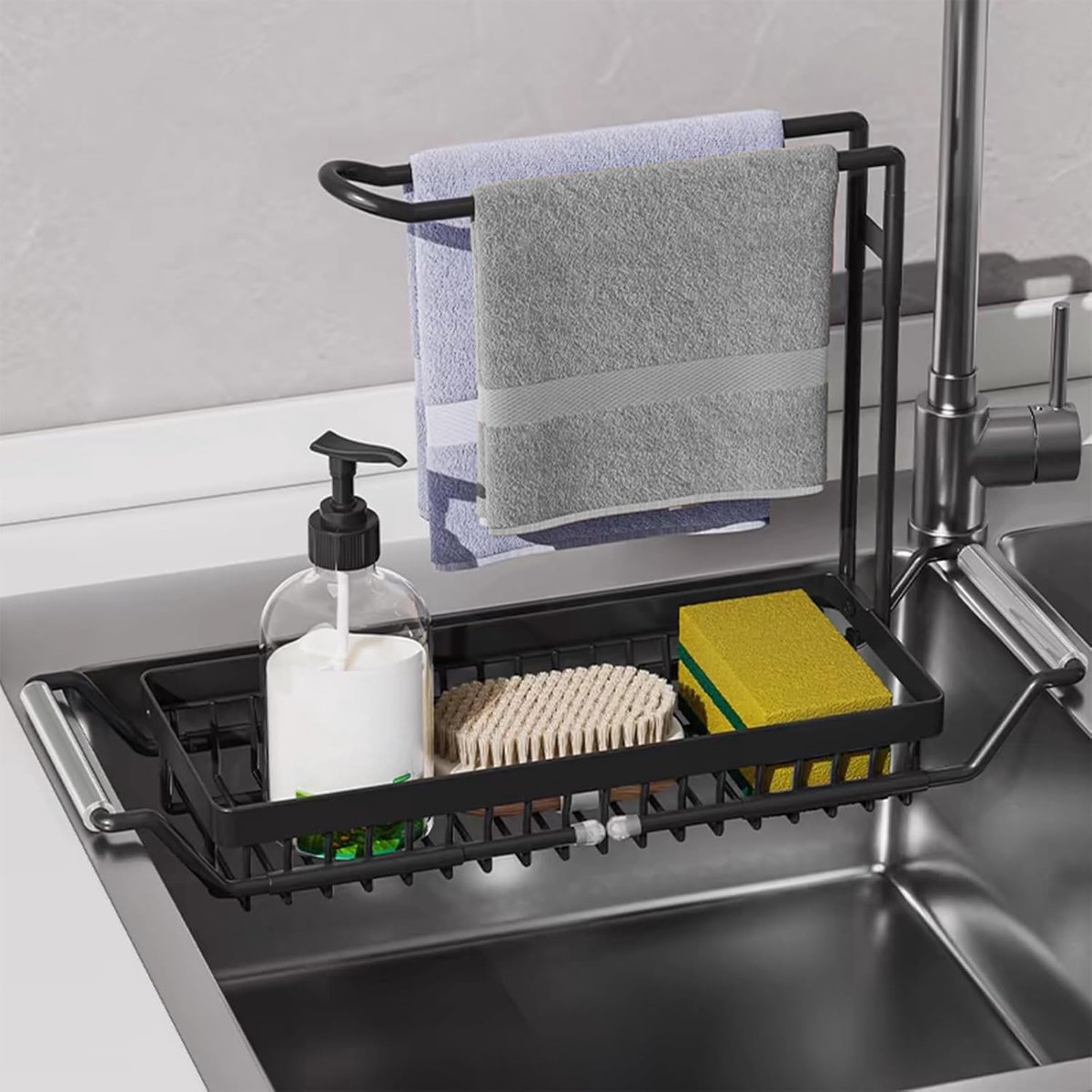 Spoelbak Caddy - Droogrek Organizer - Keuken Opbergen - Uitschuifbaar RVS - 42-54 cm - Zwart
