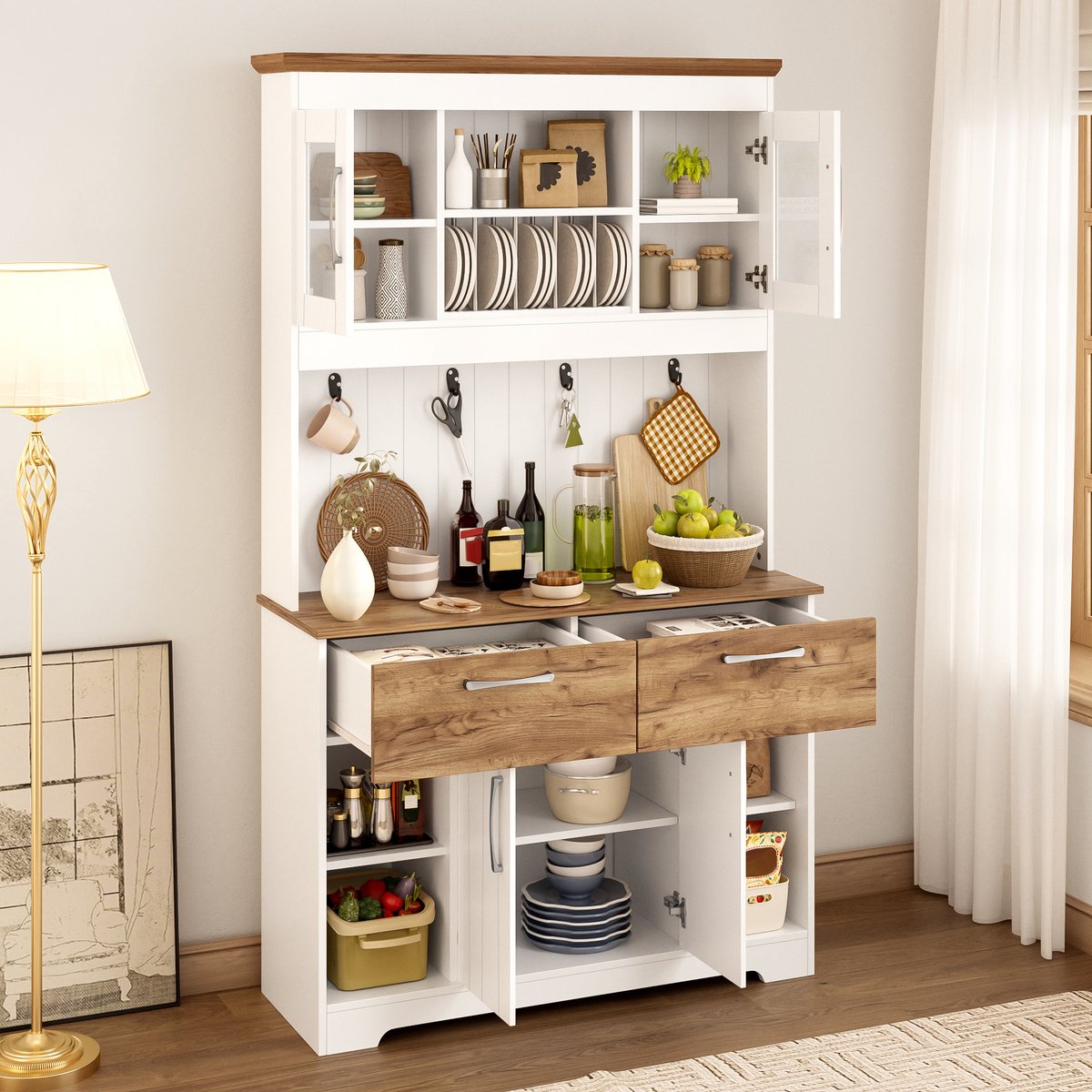 HAUSS SPOLE Buffetkast - Met Vitrinedeuren, 2 Laden En Haken - Voor Keuken En Eetkamer - Spaanplaat - 106x39x176,5 Cm Natuurlijk+Wit