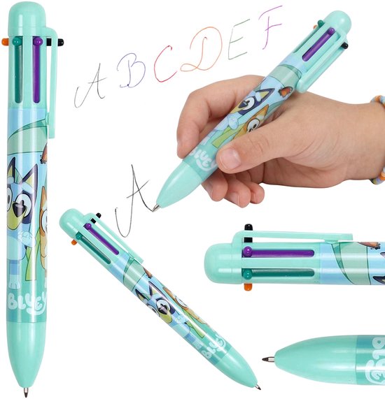 Bluey Stylo à bille multicolore 6en1, stylo scolaire automatique pour enfants, 6 couleurs