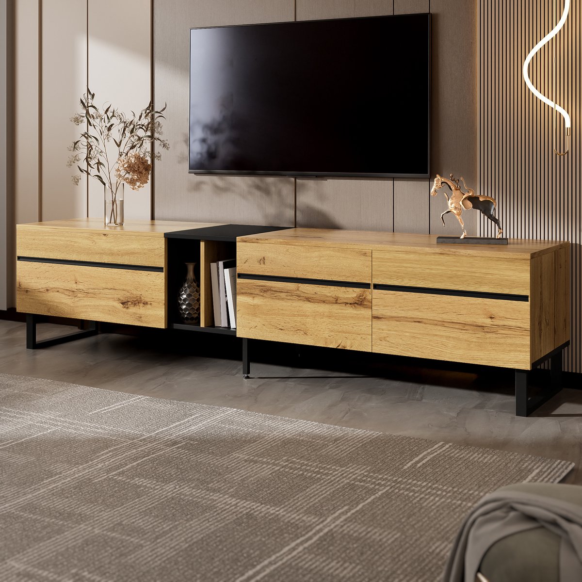 MODENUIT Tv-Meubel - Met Klepvak, Open Vak En 2 Deuren - Voor Woonkamer - Spaanplaat Houtk