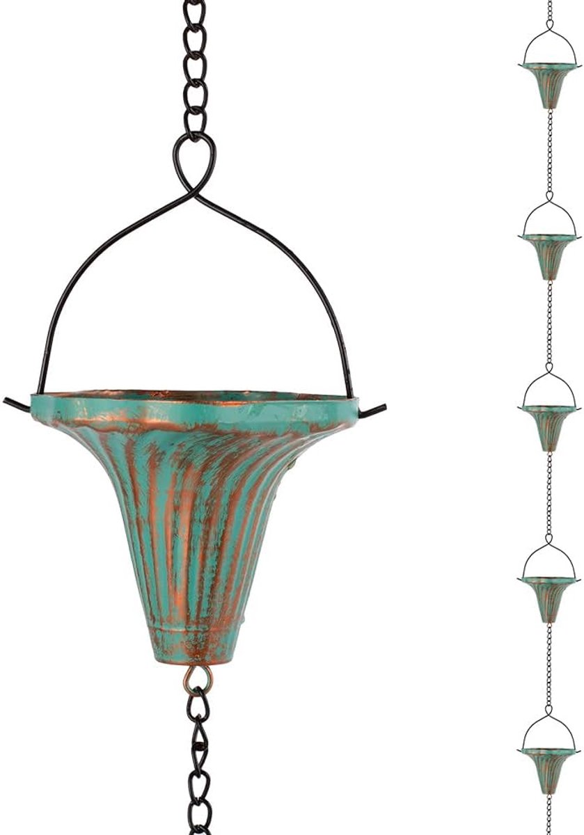 Regenketting Tuin - Dakgoot Decoratie - Water Afvoeren - 10 Groene Trechters - Verstelbaar - Metaal