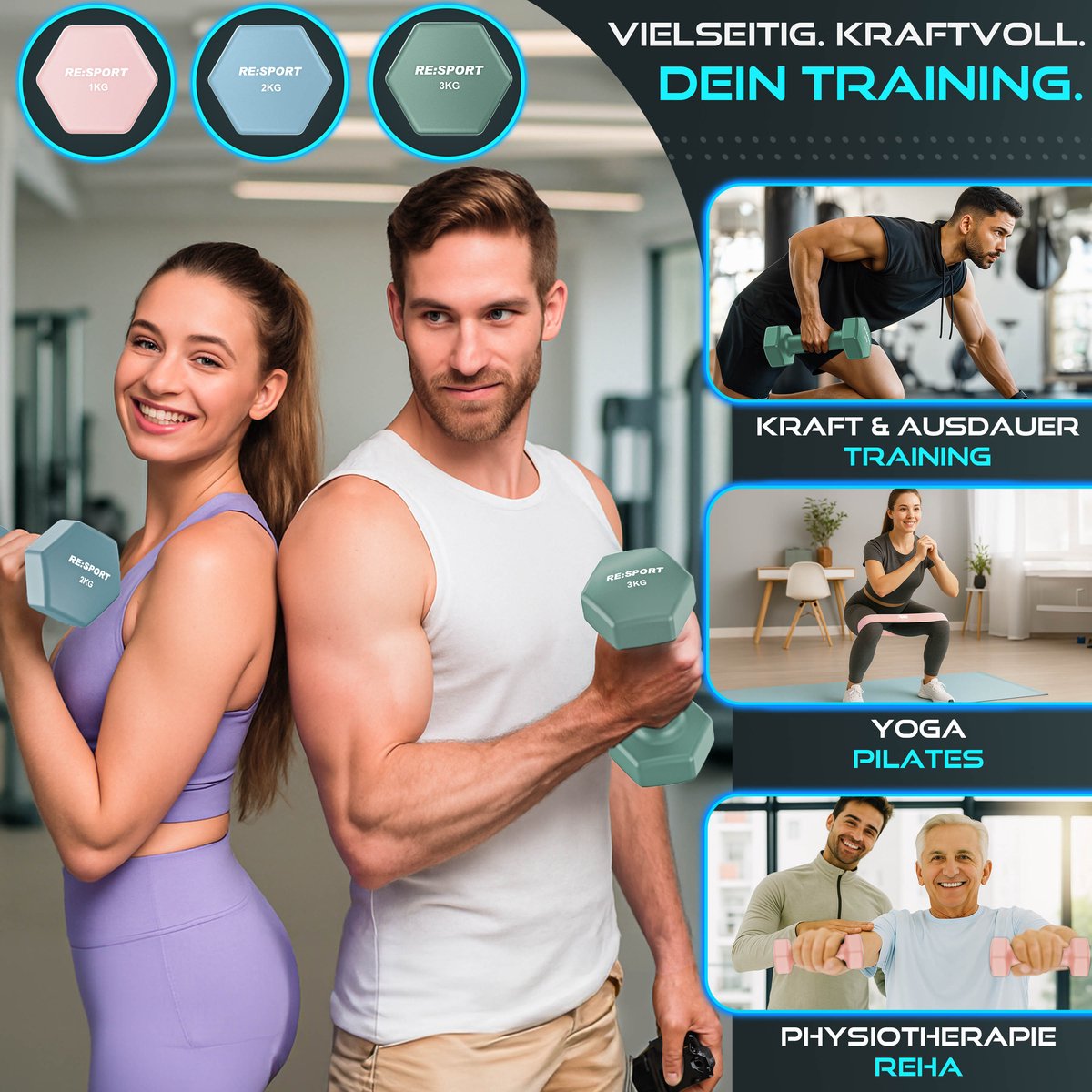 RE:SPORT® Halter Set 3 Paar 1kg–3kg, 12kg met Standaard & 3x Fitnessbanden | Antislip Neopreen Dumbbells voor Dames & Heren | Halters Halterset thumbnail 5