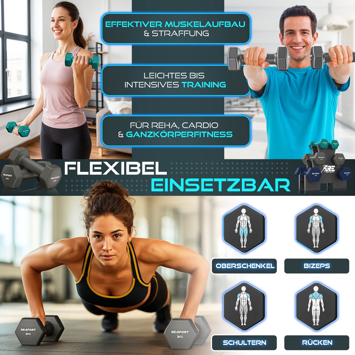 RE:SPORT® Halter Set 3 Paar 1kg–5kg, 18kg met Standaard & 3x Fitnessbanden | Antislip Neopreen Dumbbells voor Dames & Heren | Halters Halterset thumbnail 2