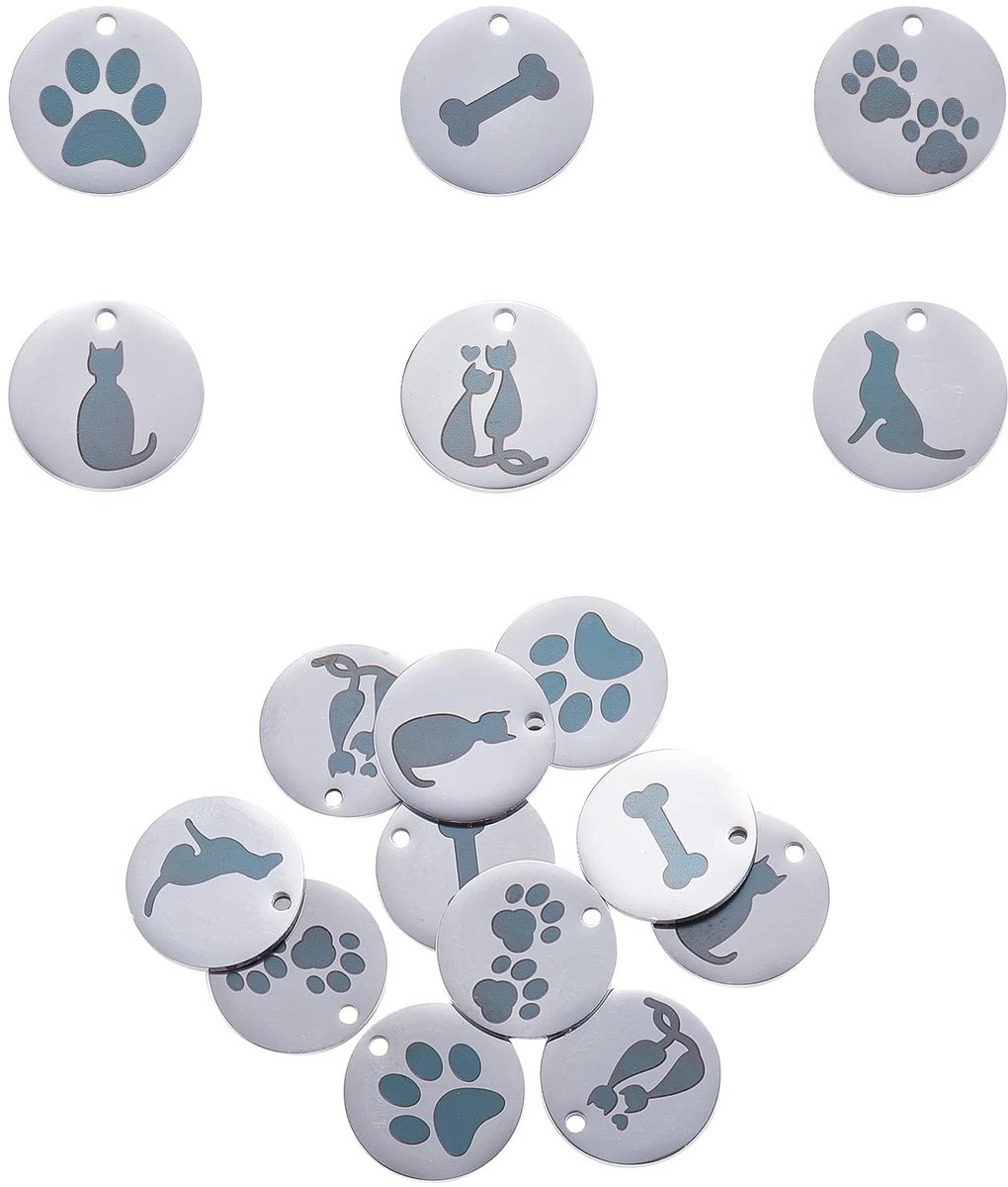 Ipotkitt 12-delige Set Roestvrij Staal Pet Charm’s - 6 Stijlen, Rond, Flat, voor DIY Sieraden, Hond & Kat Footprint Pendants
