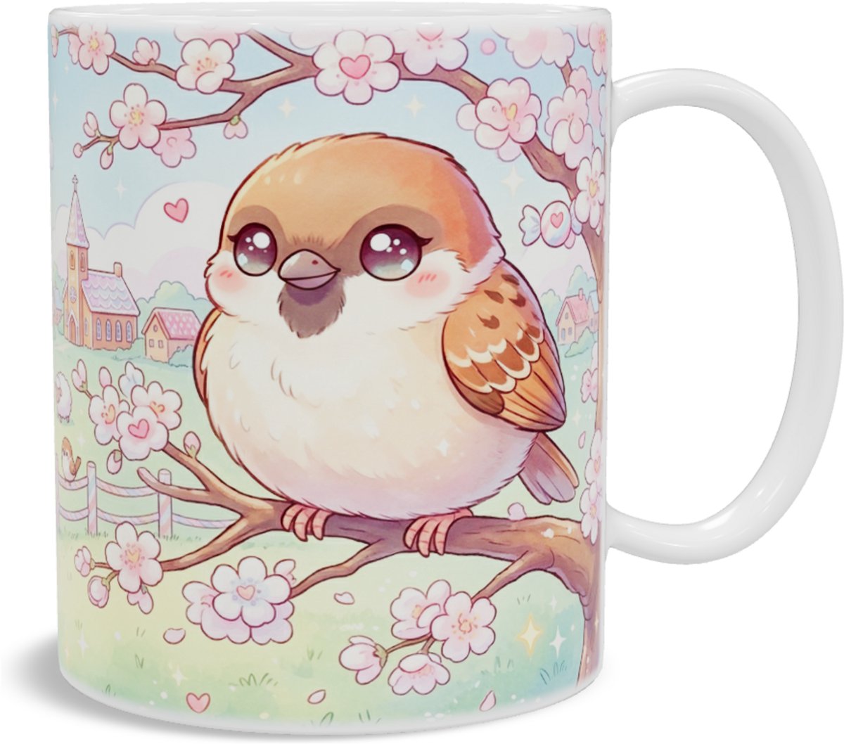 Lieve Kawaii Series Mus Koffiemok met Lachende Wolken, Kersenbloesem, Molen en Regenboog - Schattig Vogeltje en Schapen in Pastel Landschap Theebeker voor Thuis of Kantoor - Cadeau voor haar: Dochter, Vrouw, Vriend(in) of Collega