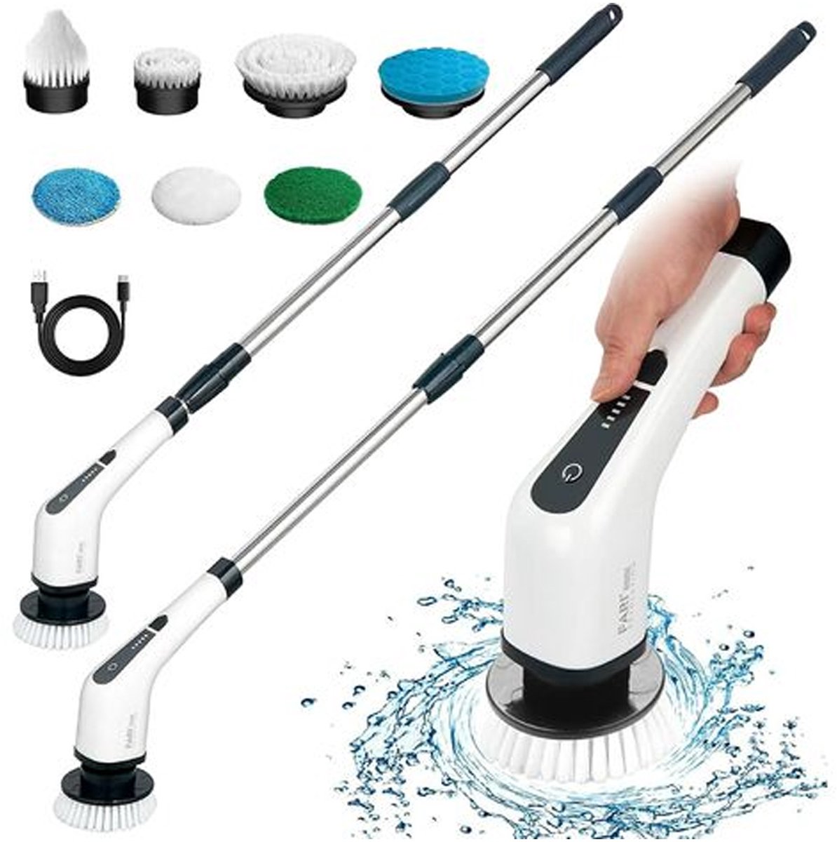 carmdering - Elektrische Schoonmaakborstel - Schrobborstel - Schrobber - Draadloos met USB-C, tot 90 minuten gebruiksduur - Verstelbaar handvat 30–137 cm, geschikt voor rug en hoogte - 7 verwisselbare borstelkoppen voor veelzijdig gebruik