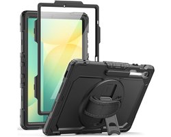 Hoes met ingebouwde Screenprotector Geschikt voor Samsung Galaxy Tab S10 FE Plus | Inclusief 360° Draaibare Handriem en Schouderriem | Extreme bescherming | Ideaal voor zakelijk gebruik | Zwart