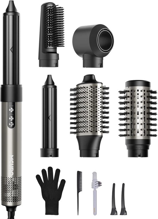 Grijze 6-in-1 haarstyler met meerdere accessoires: haardroger, krulborstels, stijltangborstel.