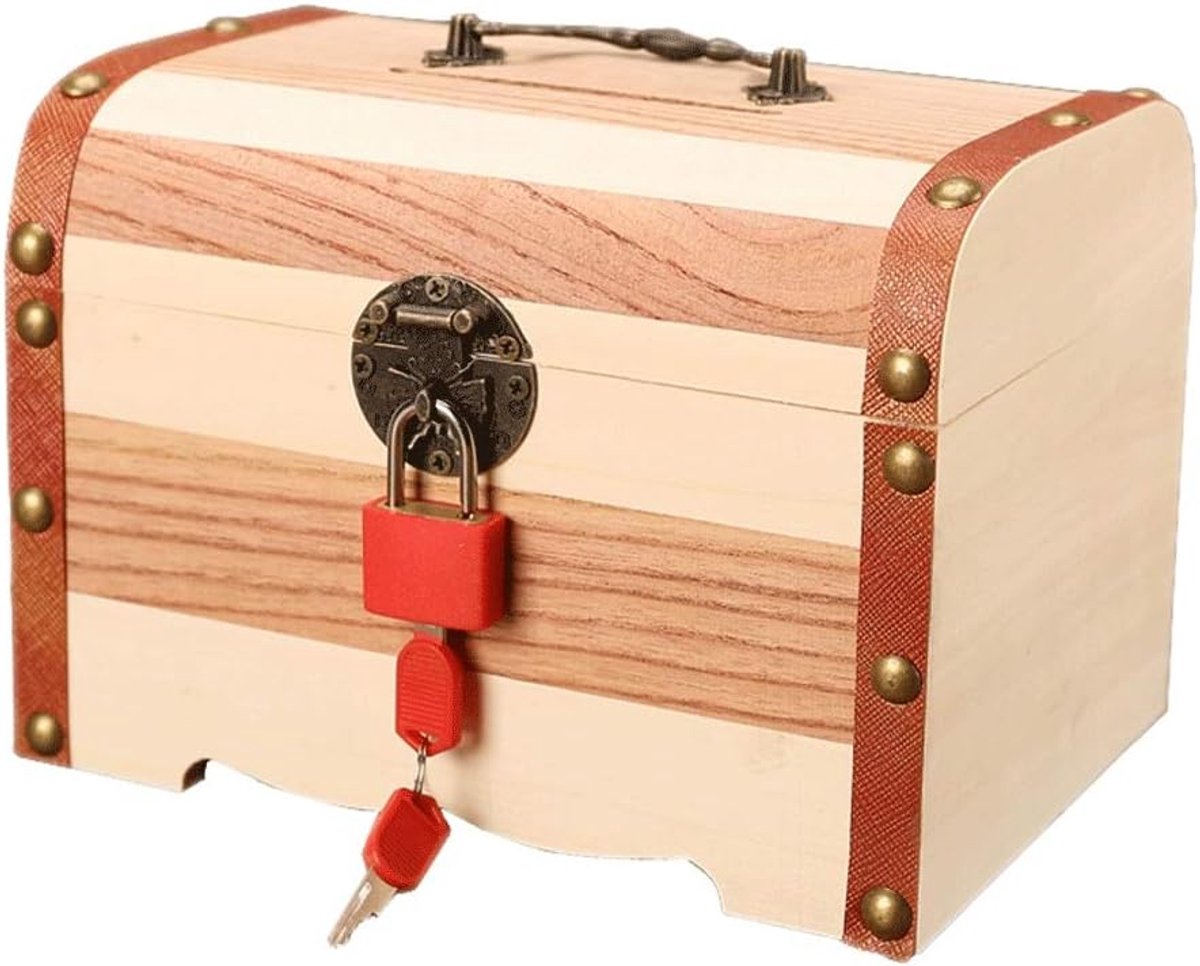 Spaarpot Massief Hout - Geldkistje Kinderen Volwassenen - Geld Sparen Leren - Messing Veiligheidsslot - Grote Inhoud XL