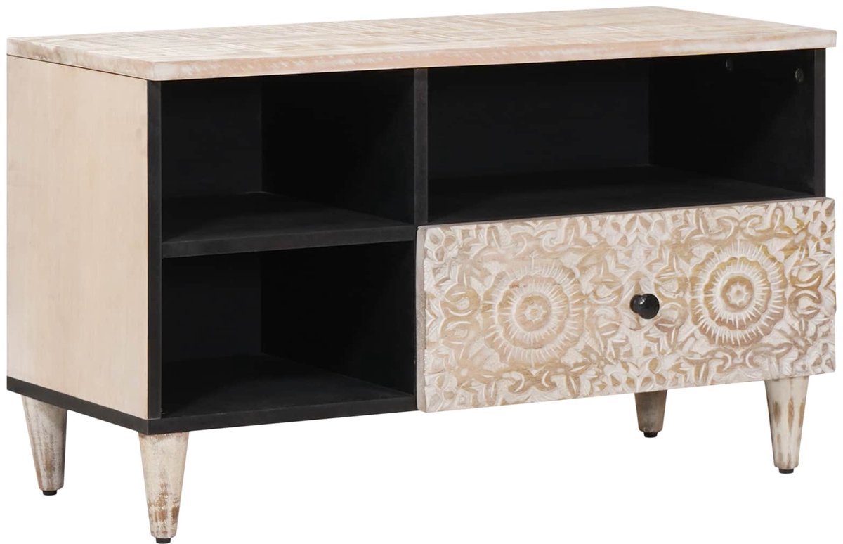 vidaXL - TV - Kast - met - lade - Wit - 80 - x - 33,5 - x - 46 - cm - Massief - Mango - Hout