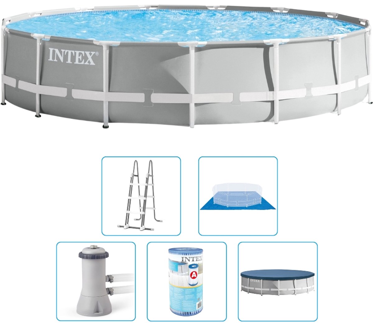 Intex Prism Frame Zwembad – 457×107 cm – Rond – Met filterpomp + accessoires – Zwembad – Filterpomp – Zwembadtrap – Grondzeil – Afdekzeil