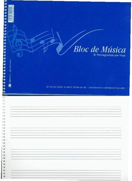 Blauwe kaft met muzikale noten en tekst 'Bloc de Música'. Binnenin lege muziekstaven.