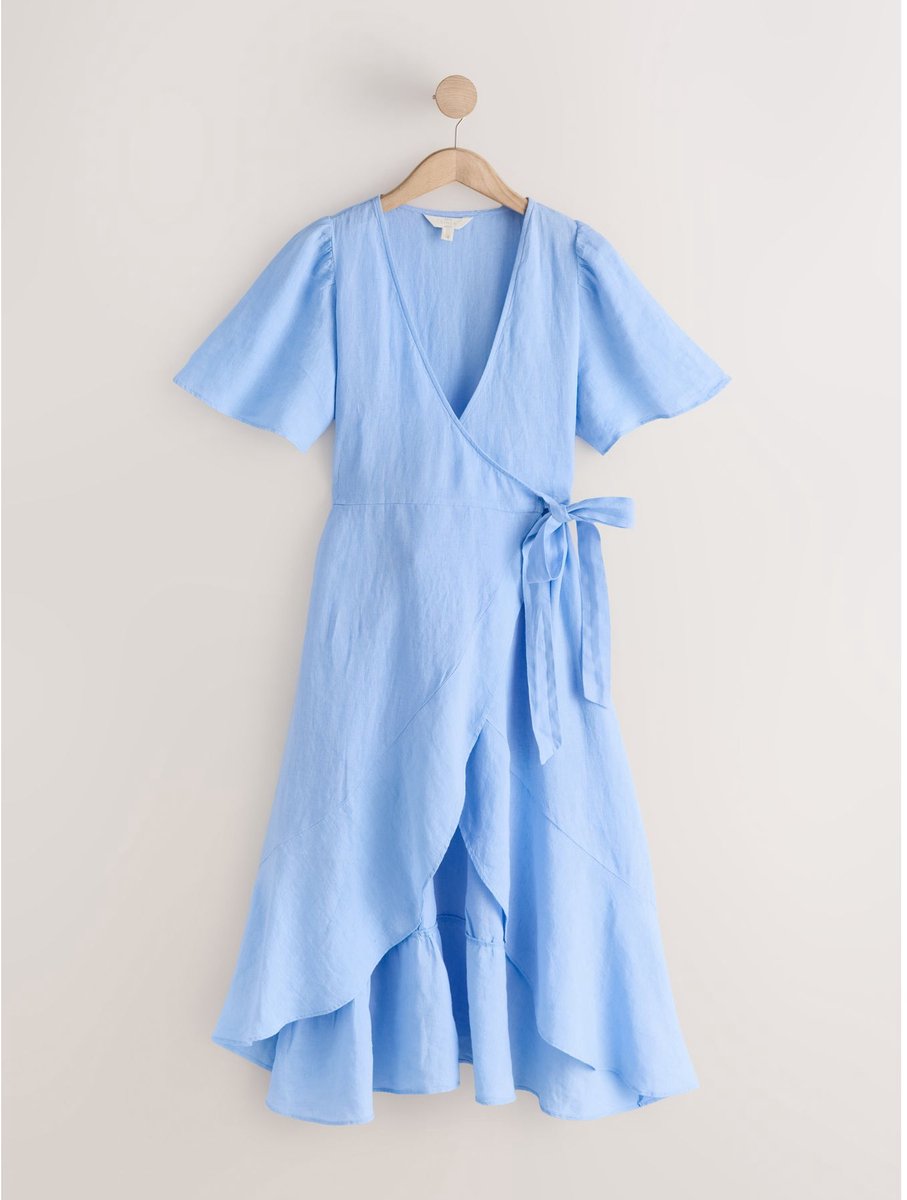 Next - Dames - Midi-wikkeljurk van 100% linnen - Blauw