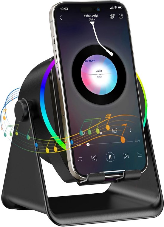 Draadloze 5-in-1 Bluetooth Speaker met Inductie Telefoonhouder, RGB Licht, 360° Verstelbaar, Oplader
