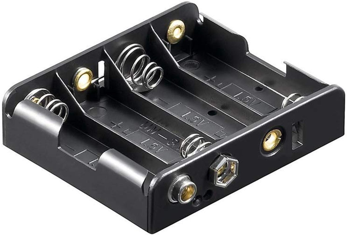 Batterijhouder AA - Mignon Houder - Energie Opslag - 4 Batterijen Met Knop - 25mm Kubus - Zwart