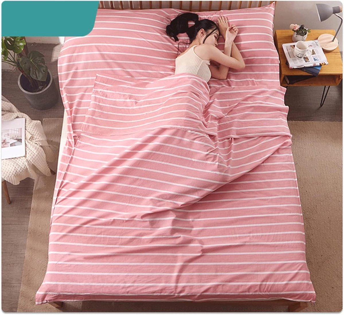Slaapzak Liner - Reis Laken - Comfortabel Slapen - Ademend Katoen - 200x210cm - Roze