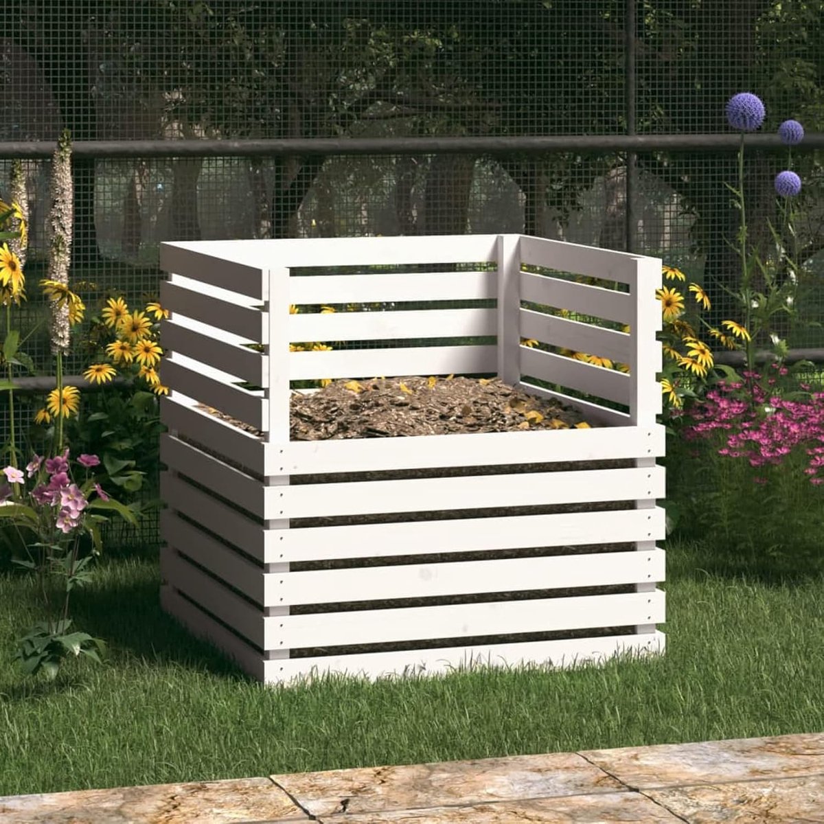 Compostbak Hout - Afvalbak Tuin - Composteren Afval - Massief Hout - 80x80x78cm - Wit