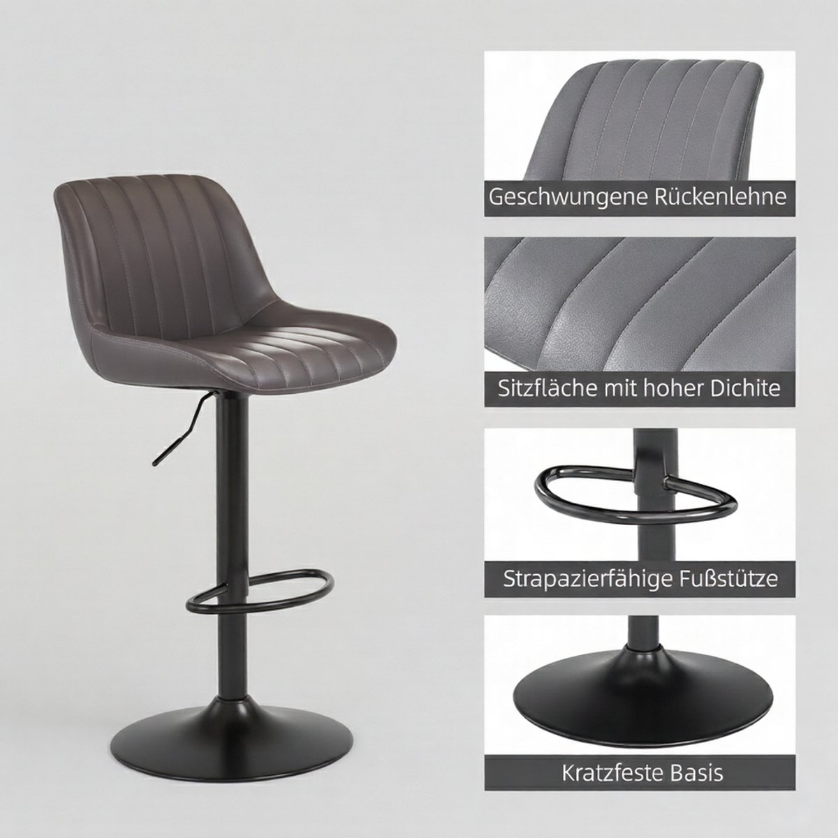 Barkruk Set van 4 – House&Garden Luxe Draaibare Barkrukken met Rugleuning en Armleuning, In Hoogte Verstelbaar 55-75 cm, PU-leer, Modern Design voor Keuken, Eetkamer, Bar, Café, Bistro, Donkergrijs