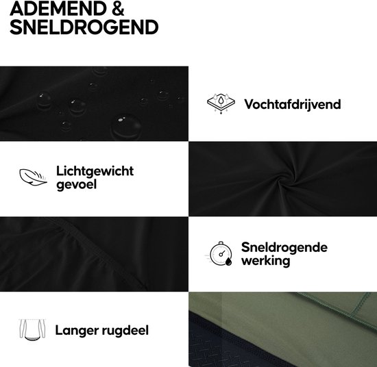 Close-up van zwart fietsmateriaal: waterdruppels, textuur, naden, een veer en een stopwatch-icoon.