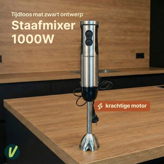 Staafmixer 5-in-1 Set - 1000W - Vaatwasserbestendig - Incl. Hakmolen, garde, melkopschuimer & Maatbeker - 12 Snelheden + Turbofunctie - RVS - Vivid Green