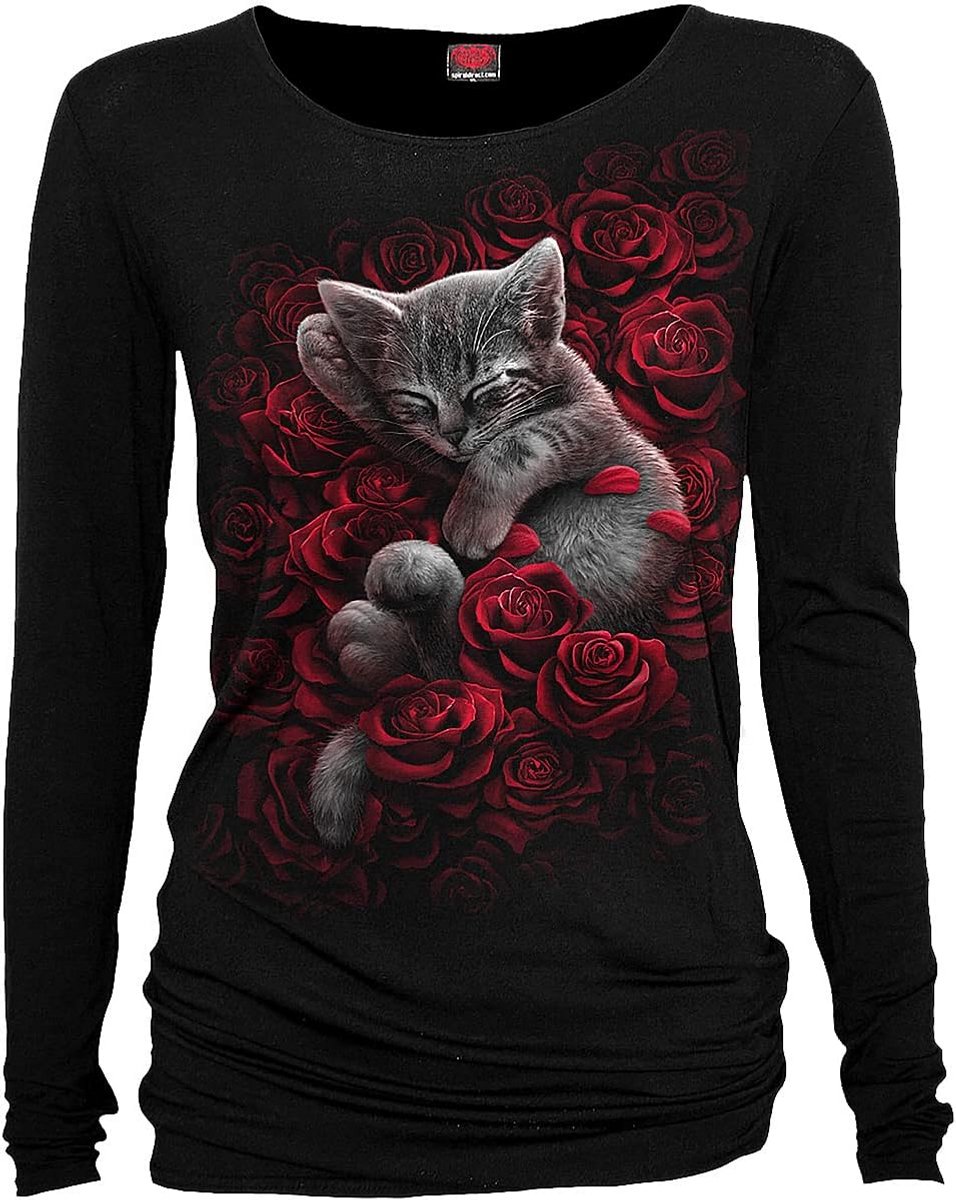 Zwart Lang T-Shirt met Kattenprint op Rozen voor Goth & Rock Stijl