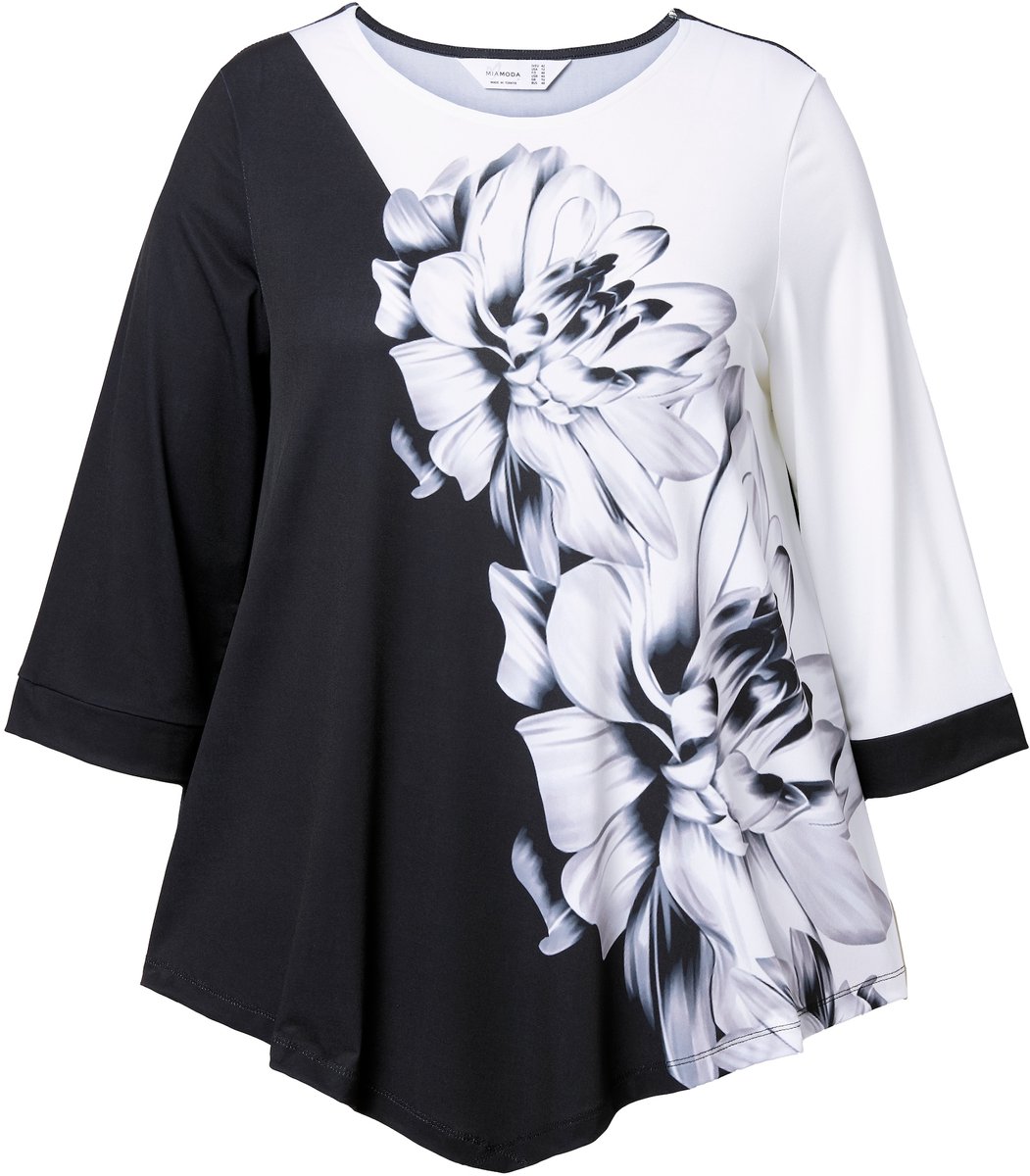 MIAMODA - Dames - T-shirt bloemprint 3/4-mouw puntzoom - Zwart - Maat 44