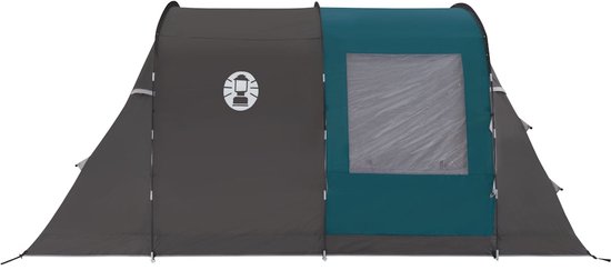 Grijze tunneltent met een blauw frontpaneel en een raam. Coleman logo op de zijkant.