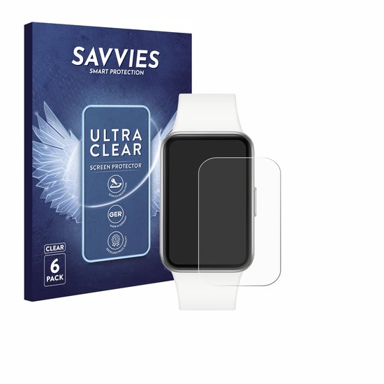 Savvies screenprotector verpakking met een witte smartwatch.
