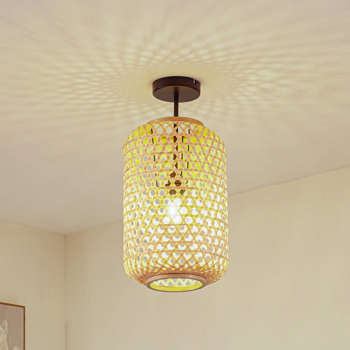 Lucande - plafondlamp hout - 1licht - Bamboe, ijzer - H: 50 cm - E27 - licht hout, zwart