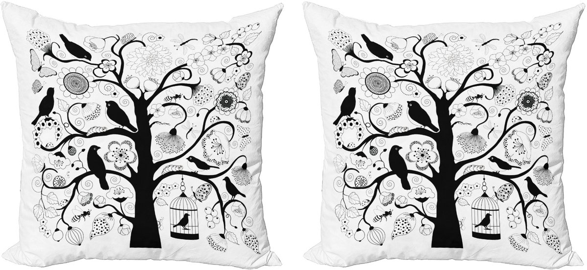 ABAKUHAUS Zwart-witte kussenhoezenset (2 stuks), boom-bloem-vogels, 40 cm, zwart-wit