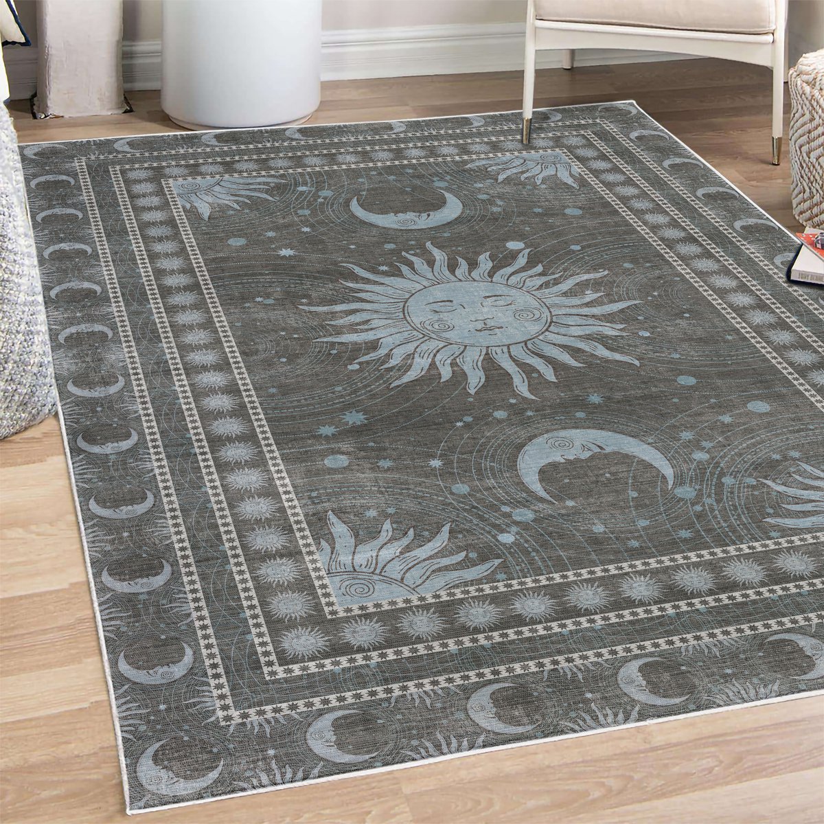 ABAKUHAUS Vloerkleed - Woonkamer Tapijt – zon en maan – Hoogpolig – 122 x 170 cm – blauw