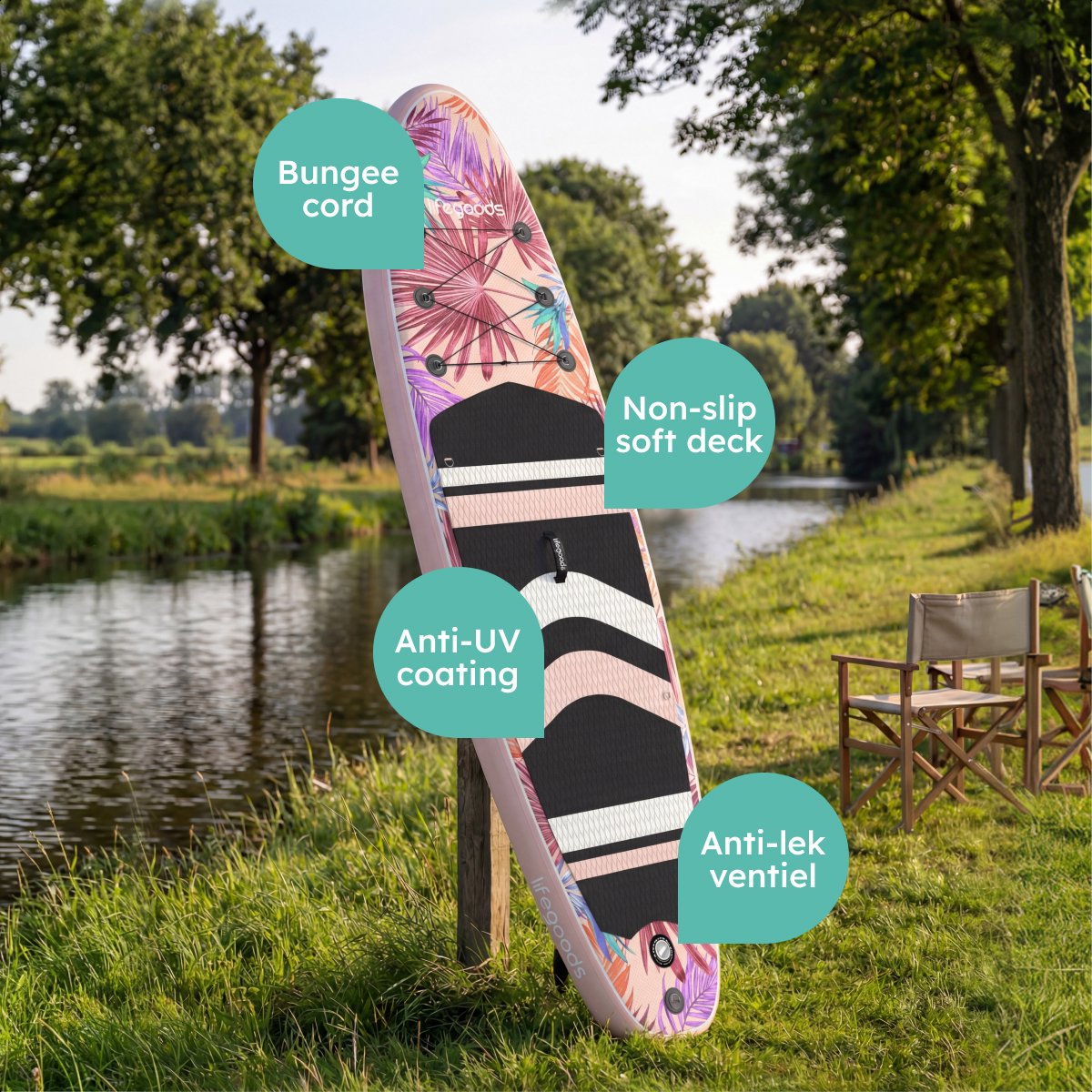 LifeGoods PaddlePro SUP Board - Opblaasbaar Paddle Board - Complete Set - Max. 150KG - 320x81cm - Tropical Roze – foto 8