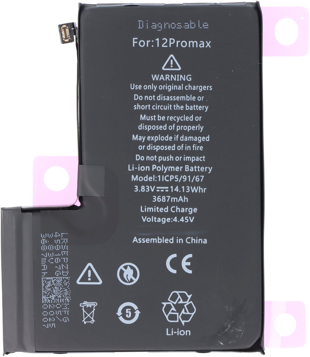 Batterij geschikt voor Apple iPhone 12 Pro Max, diagnosticeerbaar, Li-Polymeer, 3,83V, 3687mAh, 14,13Wh, zonder gereedschap