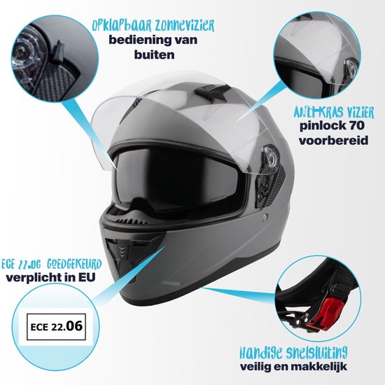 VINZ Kennet ECE 22.06 Casque intégral avec pare-soleil/casque de moto/casque de scooter/casque de cyclomoteur – Titane