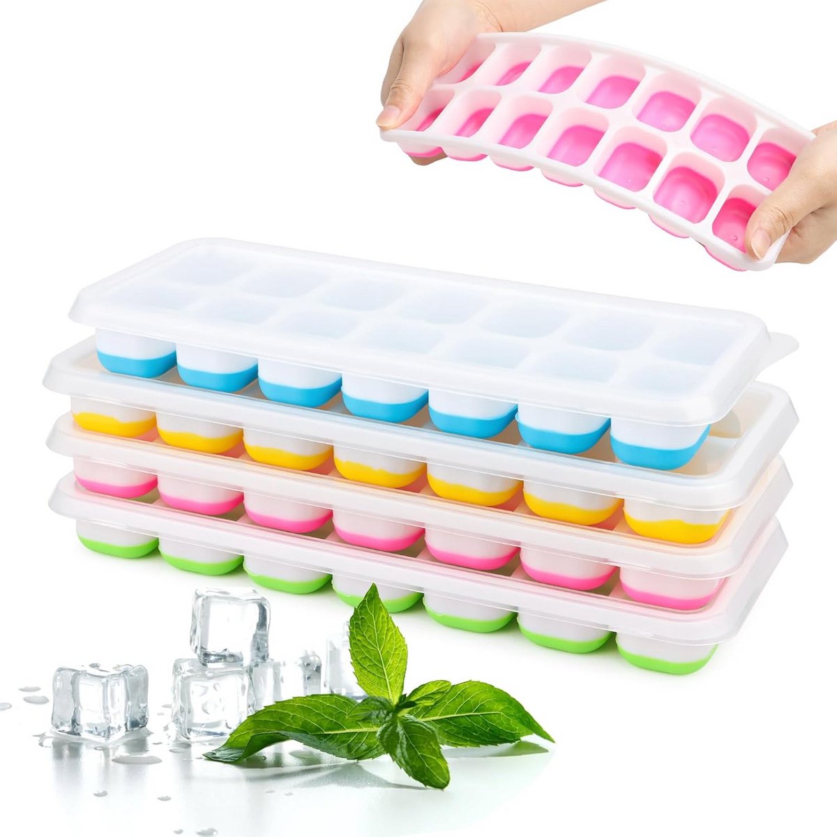 Set van 4 Siliconen IJsblokjesvormen met Deksel - Stapelbaar voor Cocktails en Dranken