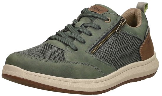 Groene sneaker met rits en bruine accenten aan de zijkant en hiel.