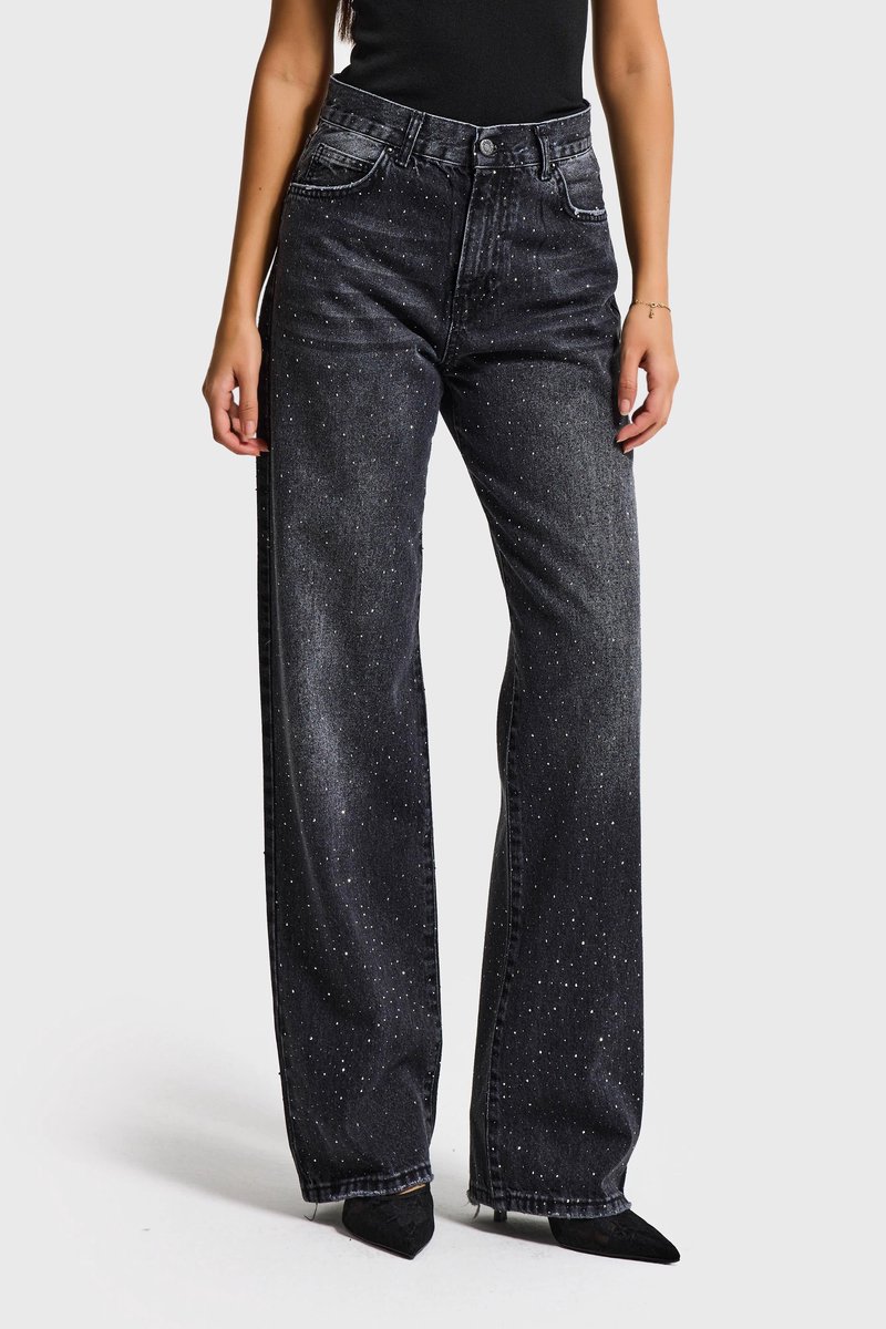 It's Basic - RHINESTONE LOOSE MID RISE JEANS - CHARCOAL