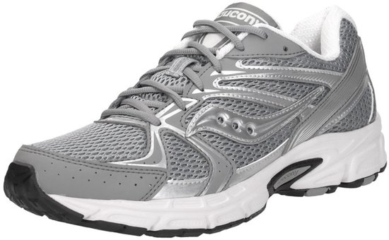 Grijze Saucony hardloopschoen met witte zool en zilveren accenten.