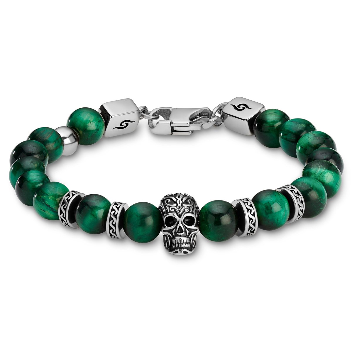 Rico | Schedelarmband van Groen Tijgeroog en Zilverkleurig Roestvrij Staal