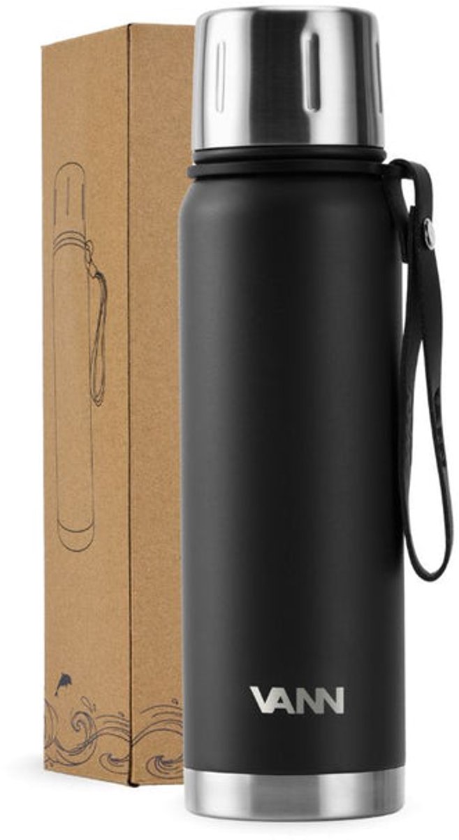 VANN® 3-wandige RVS thermosbeker 500ml - Luxe thermos voor Koffie & Thee - Thermosfles 24 uur koud en 12 uur warm - 100% Plasticvrij - Zwart