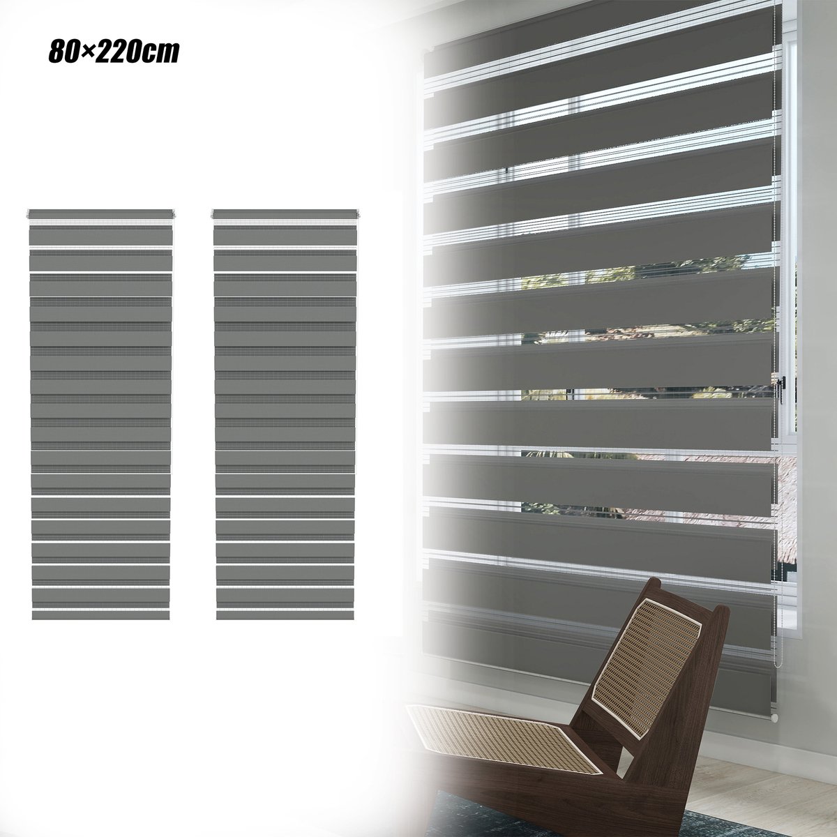 Aufun 2 Stuks Dubbele Verduisterende Rolgordijnen - Grijs 80x220cm - Clipmontage, Boren Niet Nodig, Eenvoudig Te installeren - Geschikt Voor Ramen En Balkondeuren
