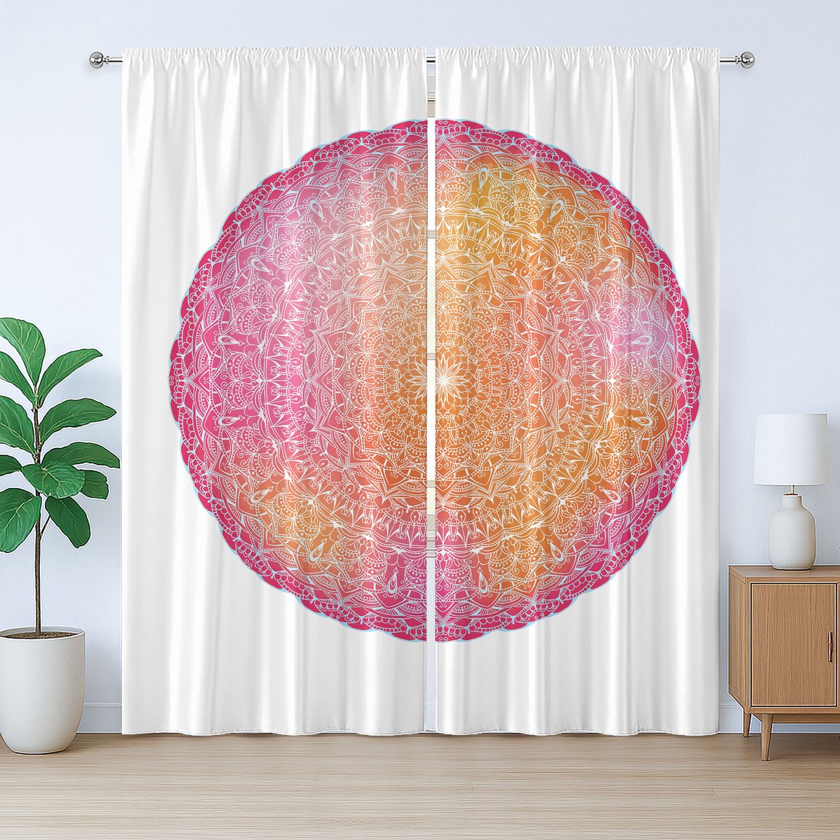 ABAKUHAUS Roze Mandala Rustiek Gordijn, Levendig Boheems Motief, met Bandjes en Lussen voor de Woonkamer, 280 x 245 cm, Magenta Oranje en Wit