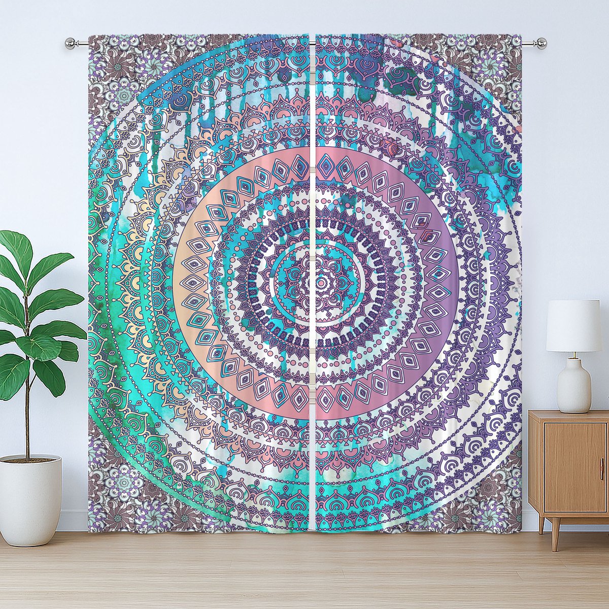 ABAKUHAUS Etnisch rustiek gordijn, Mandala Oosters, slaapkamergordijn met plooien en haken, 280 x 175 cm, paars en blauw