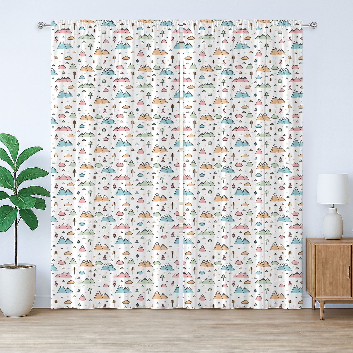 ABAKUHAUS Scandinavisch rustiek gordijn, bergen en bomen, met lussen en haken voor de woonkamer, 280 x 175 cm, wit meerkleurig