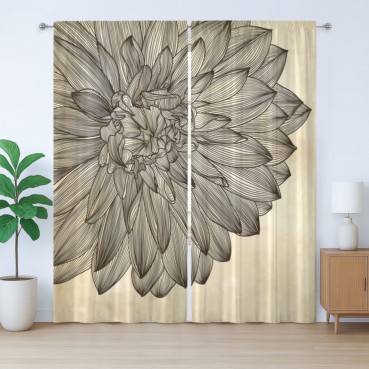 ABAKUHAUS Dahlia Rustiek Gordijn, Vintage Bloemen Grunge, Slaapkamergordijn met Plisséband, Lussen en Haken, 280 x 260 cm, Bruin en Beige